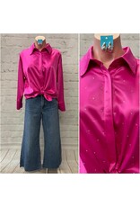 Blue B Val Satin Rhinestone Studded Button Up