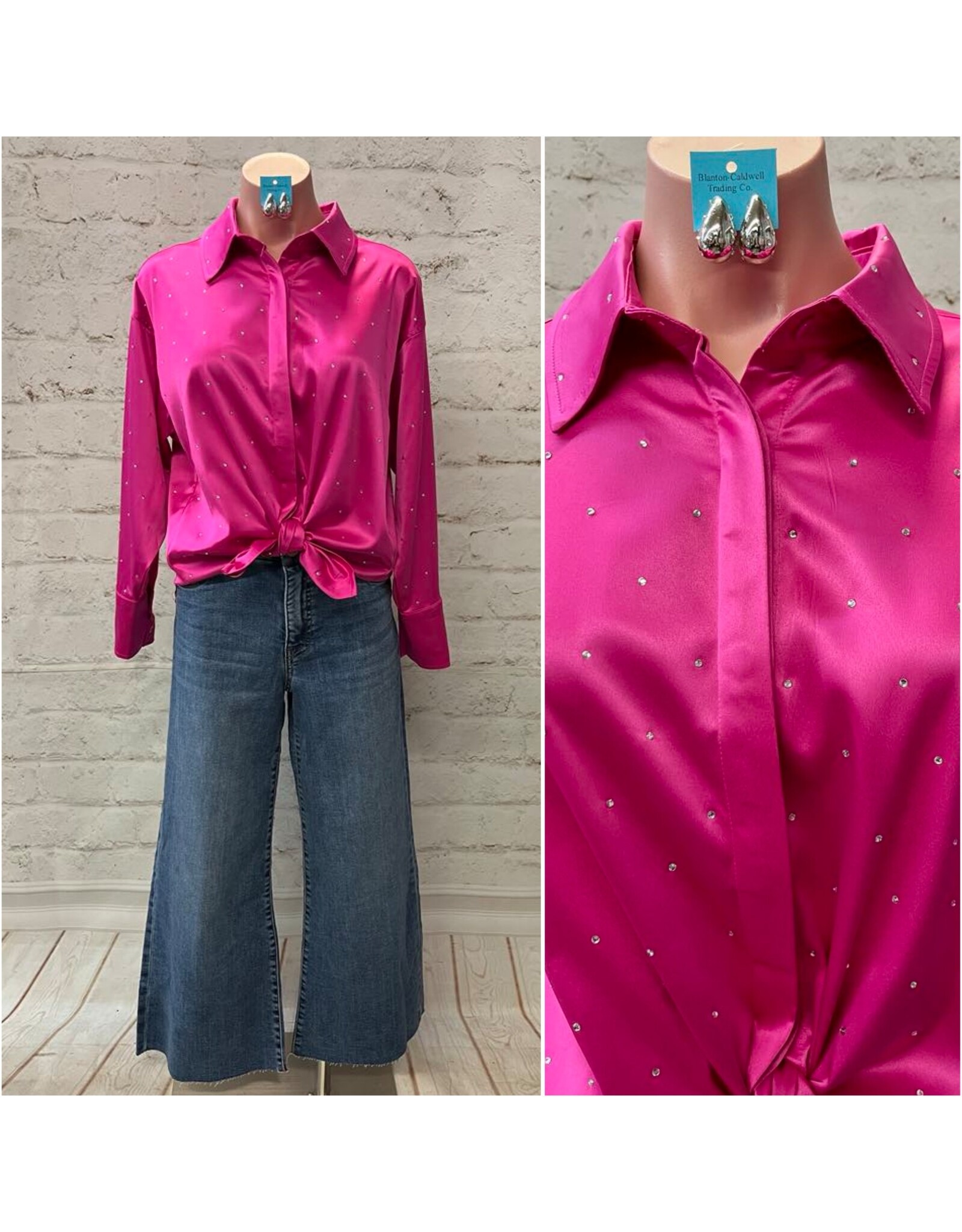 Blue B Val Satin Rhinestone Studded Button Up