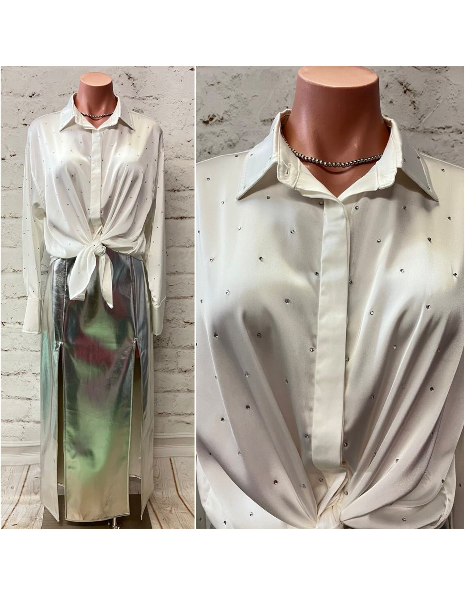 Blue B Val Satin Rhinestone Studded Button Up