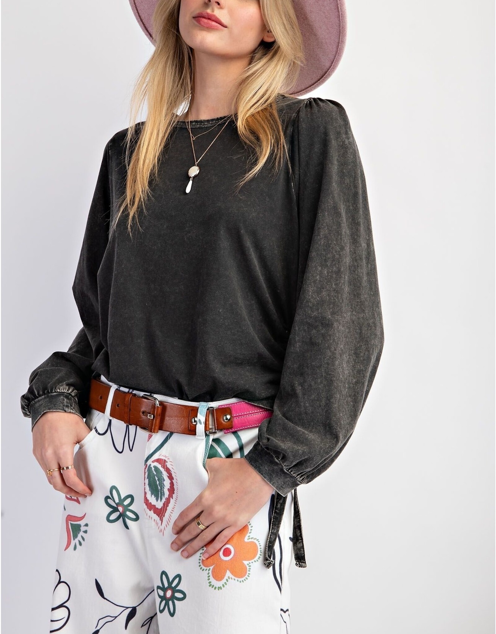 Jean Side Tie Mineral Wash Jersey Knit Top