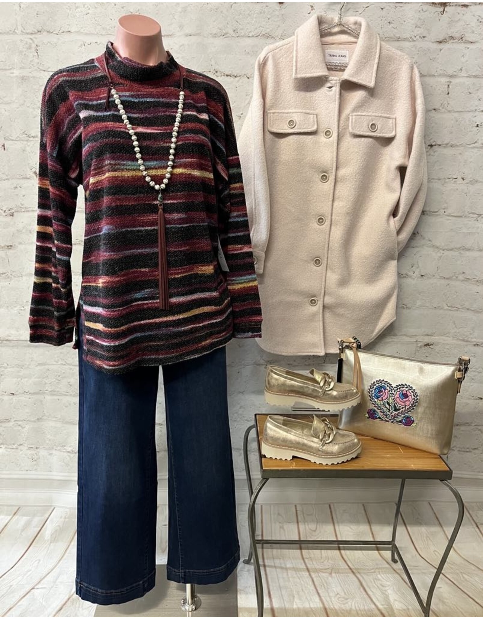 Tribal Tribal Long Sleeve Mock Neck Top with Side Slits