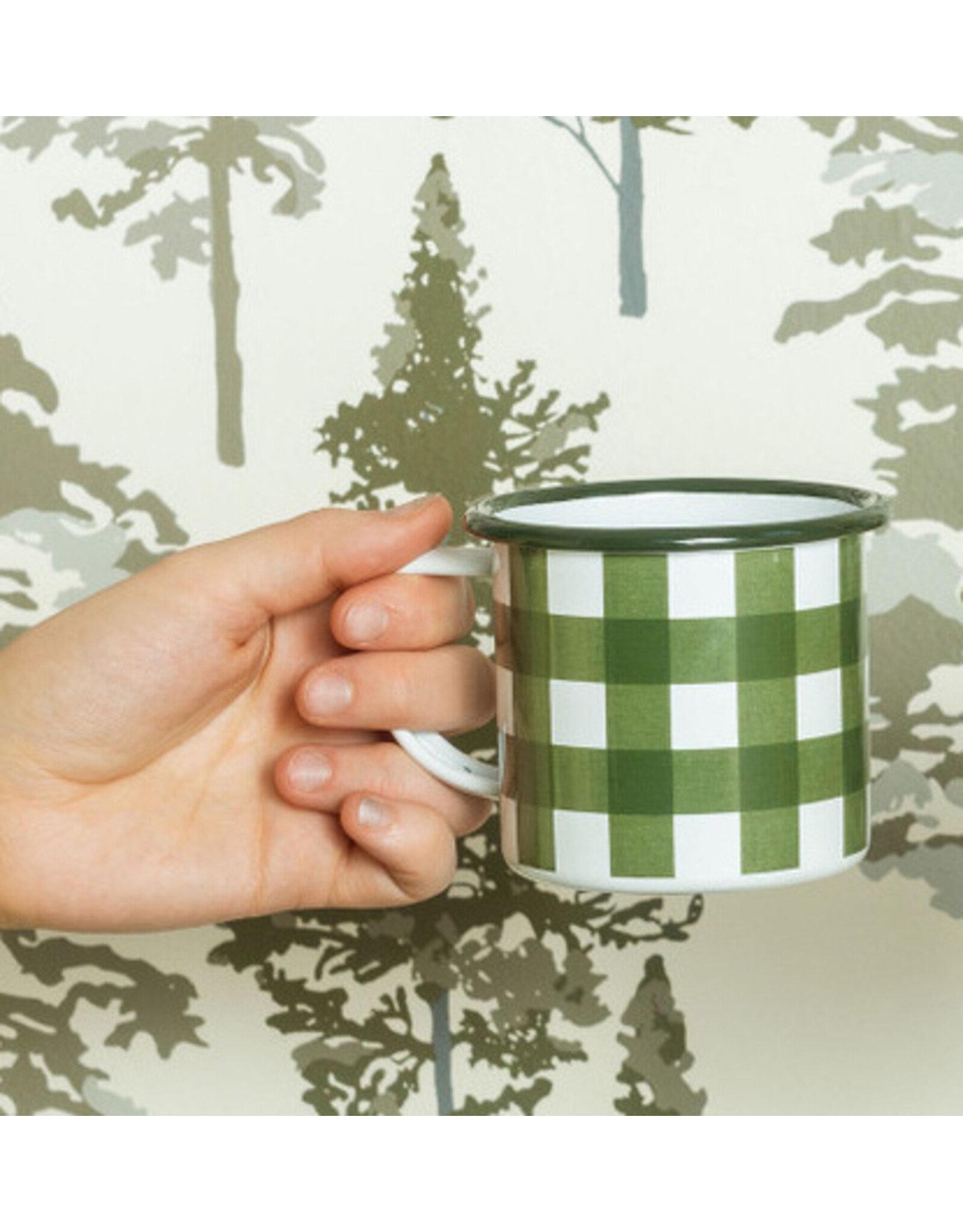 Enameled Mug, Green Gingham 12 oz Mug