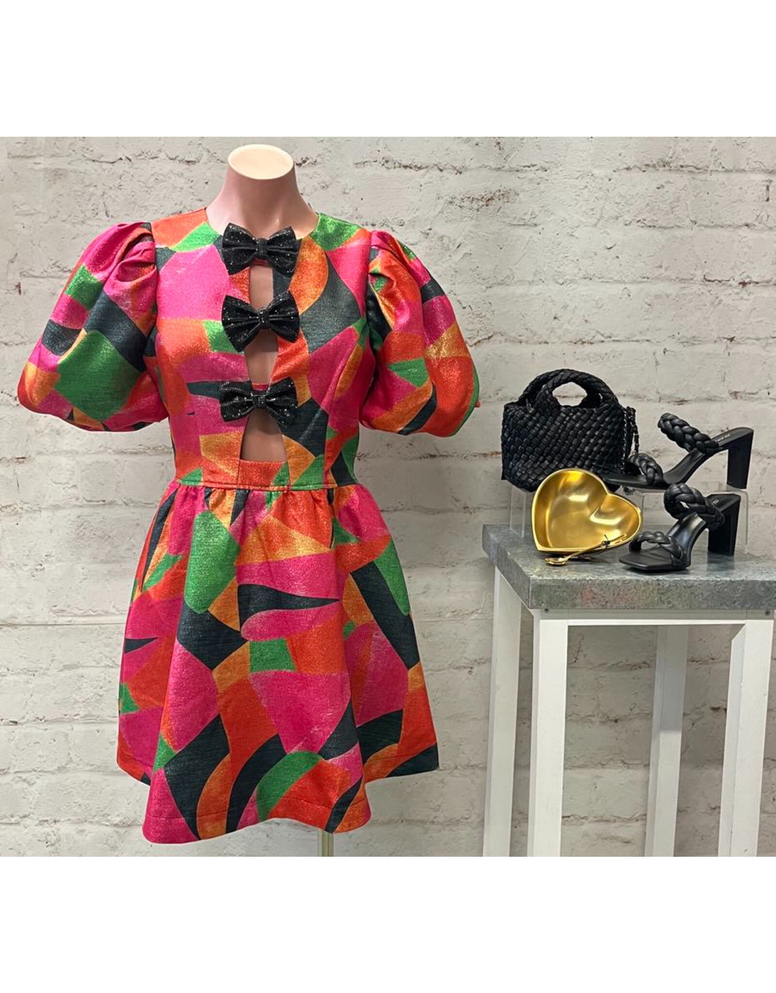 Mandy Metallic Woven Front Bow Dress