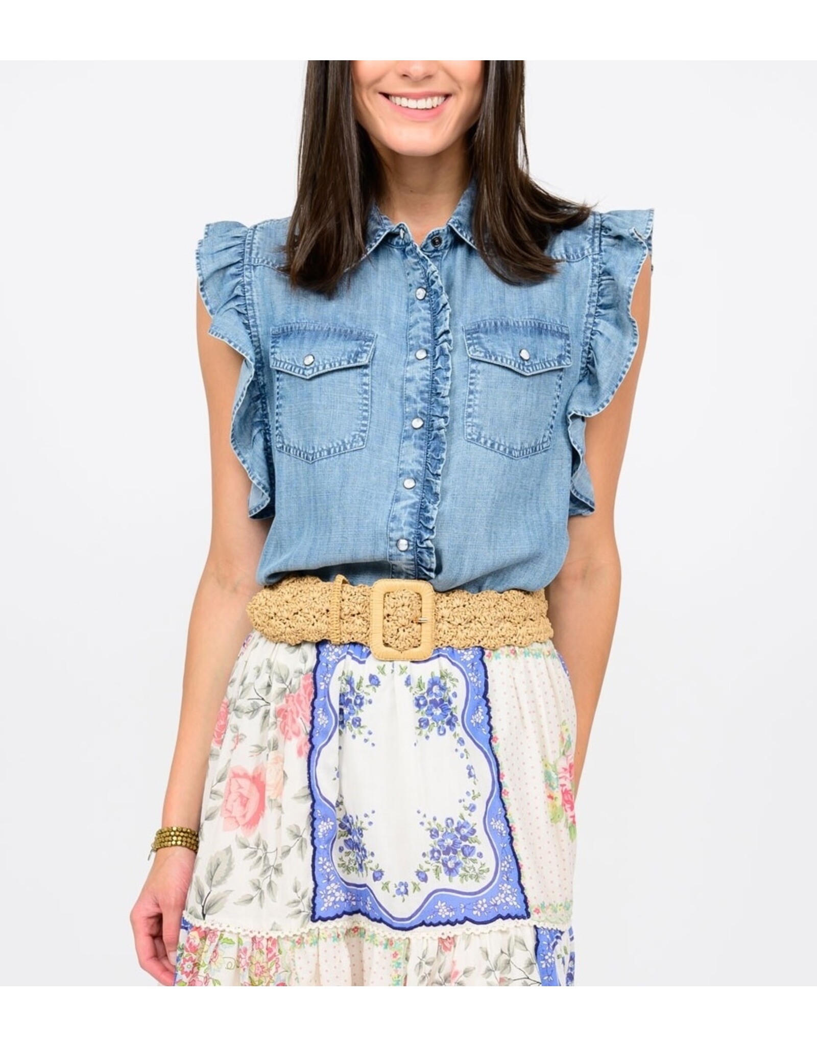 Sister Mary Sister Mary Denim Top with Flutter Sleeve