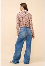 Blue B Loretta Western Print Chiffon Button Up Blouse