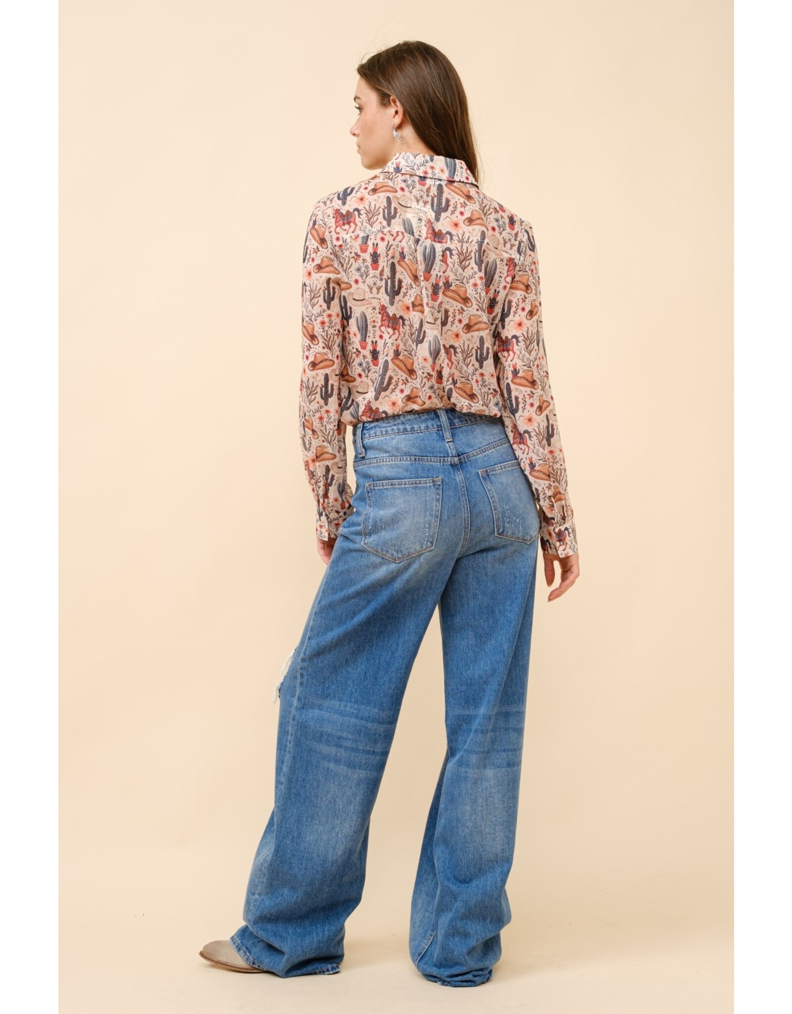 Blue B Loretta Western Print Chiffon Button Up Blouse