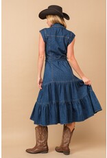 June Belted Button Up Tiered Midi Denim Dress