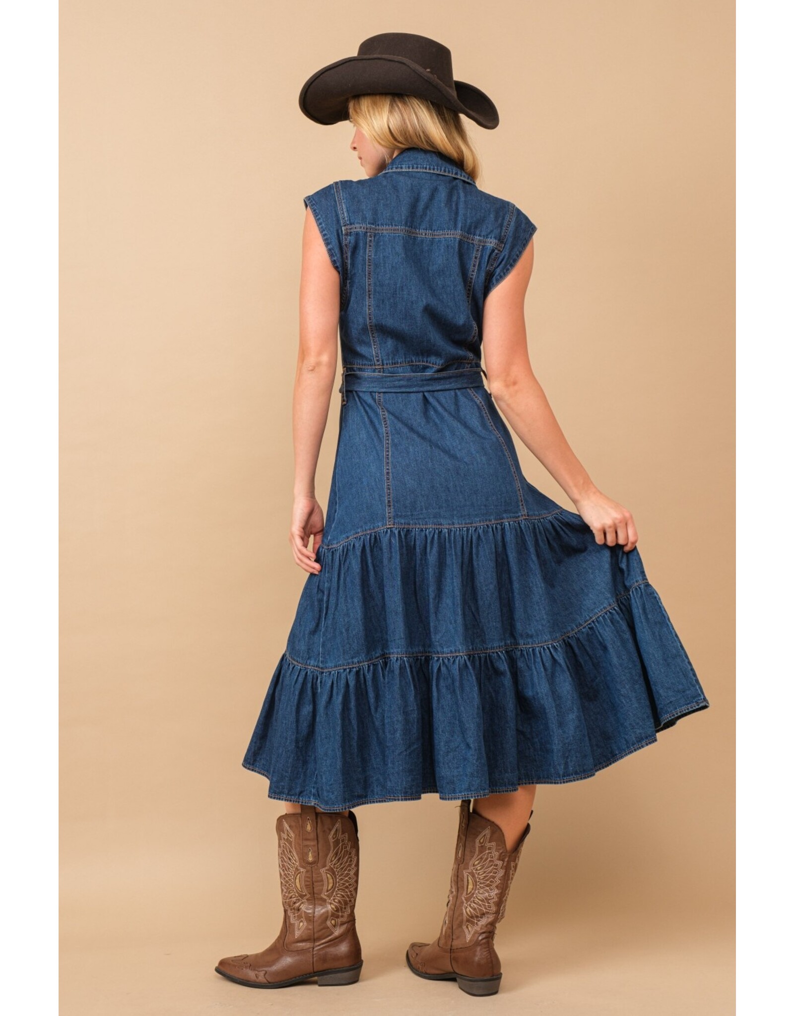 June Belted Button Up Tiered Midi Denim Dress