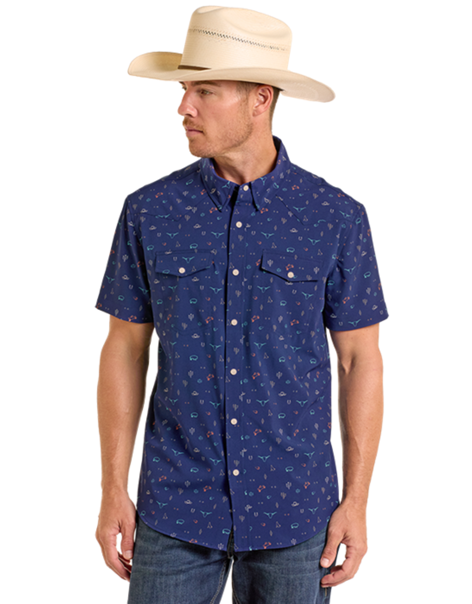 Panhandle Micro Western Novelty Short Sleeve 2 Pocket Button Down Shirt