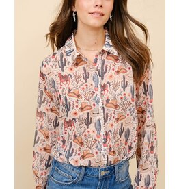 Blue B Loretta Western Print Chiffon Button Up Blouse