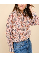 Blue B Loretta Western Print Chiffon Button Up Blouse