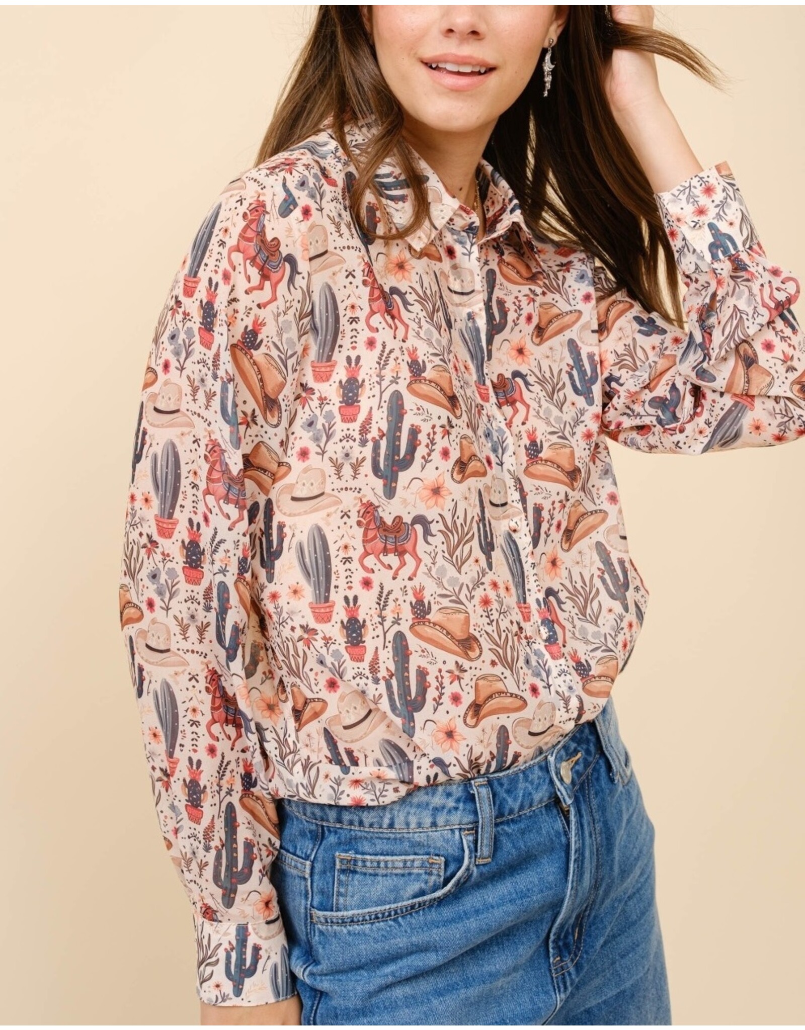 Blue B Loretta Western Print Chiffon Button Up Blouse