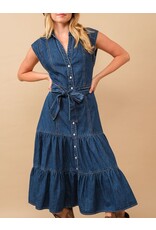 June Belted Button Up Tiered Midi Denim Dress