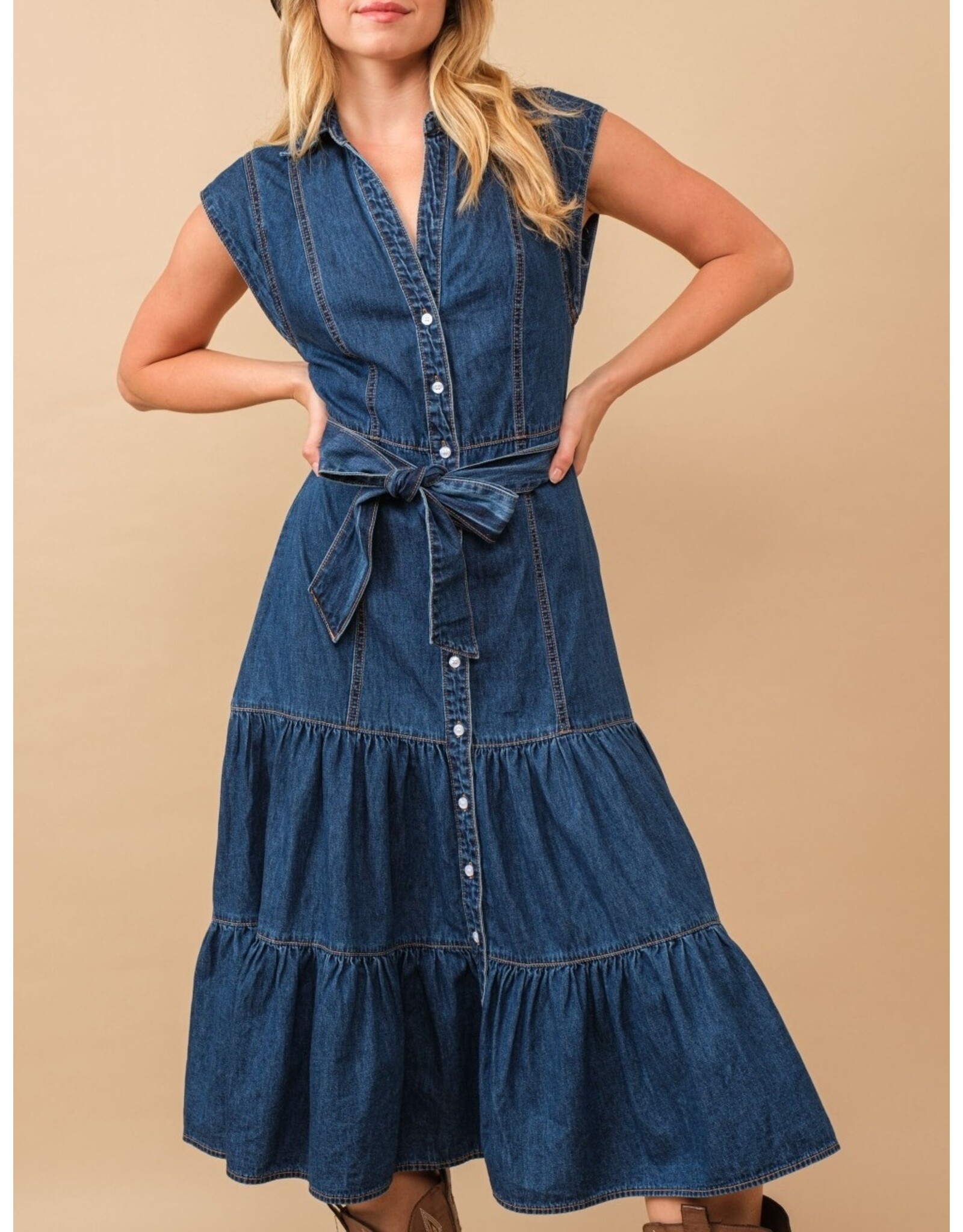 June Belted Button Up Tiered Midi Denim Dress