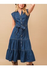 June Belted Button Up Tiered Midi Denim Dress