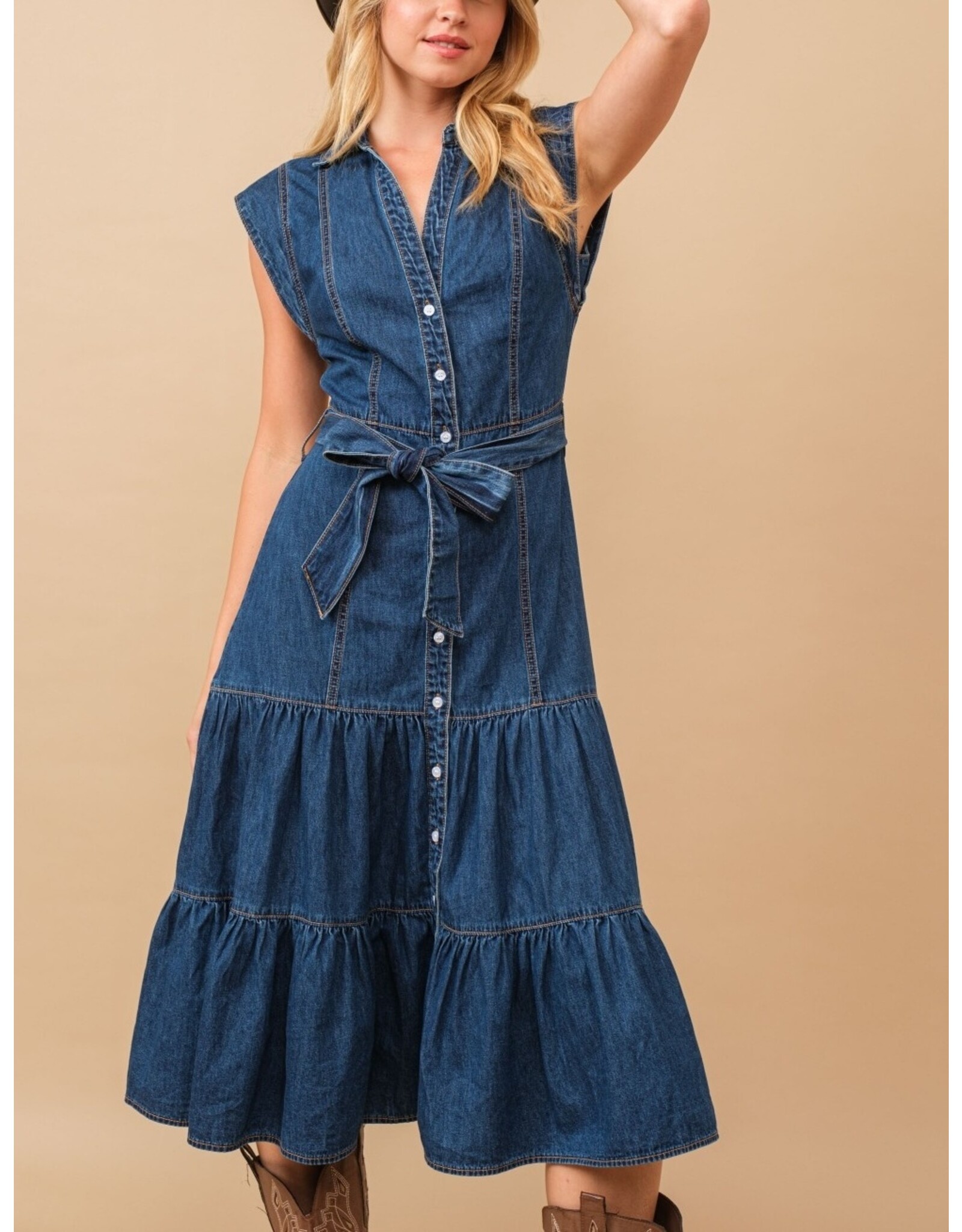 June Belted Button Up Tiered Midi Denim Dress