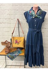 June Belted Button Up Tiered Midi Denim Dress