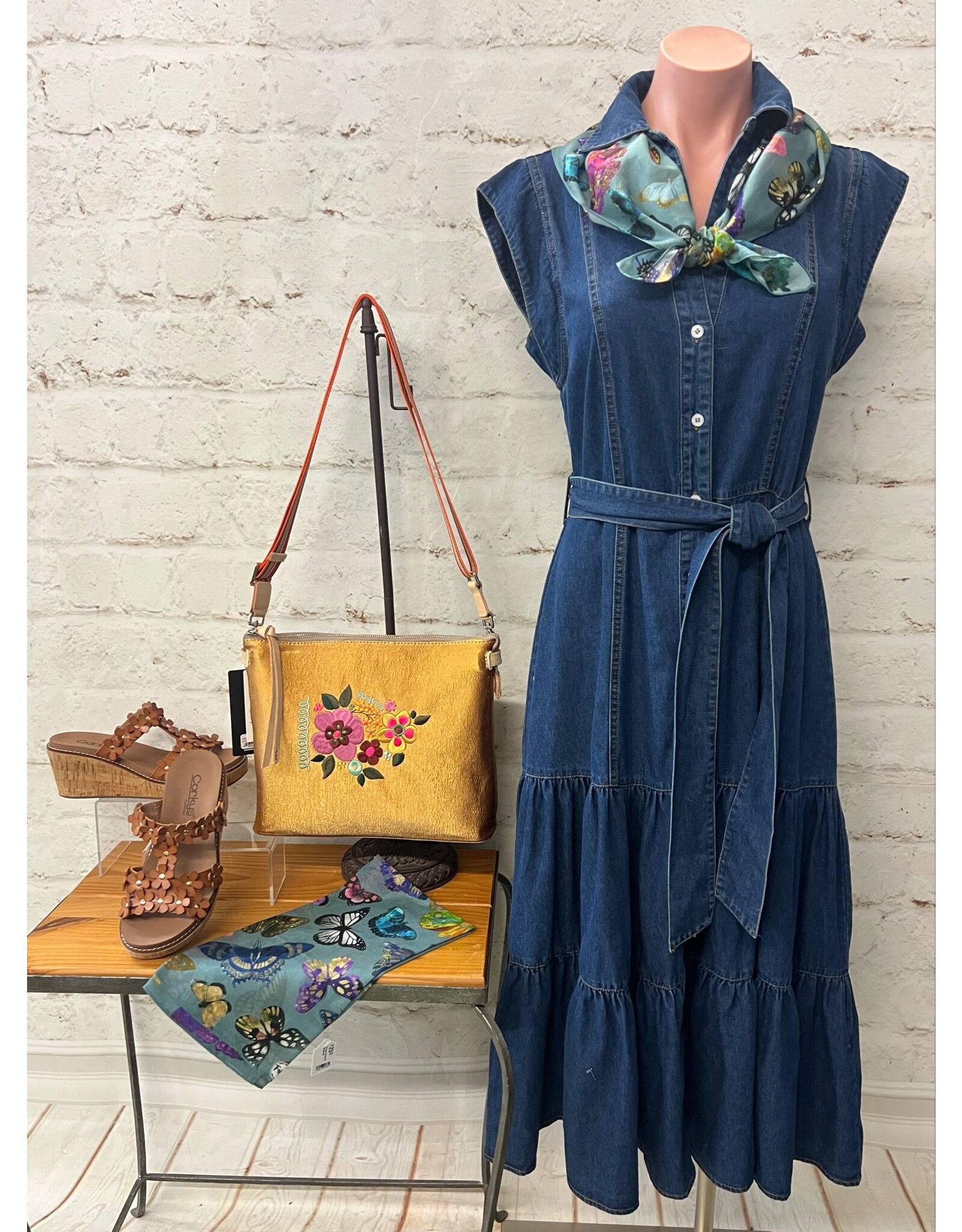 June Belted Button Up Tiered Midi Denim Dress