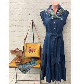 June Belted Button Up Tiered Midi Denim Dress