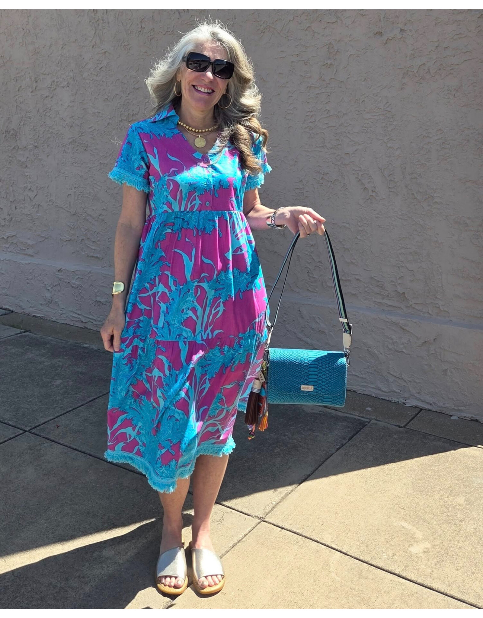 Moda Posa Cadenza Big Coral Super Pink Blue Dress
