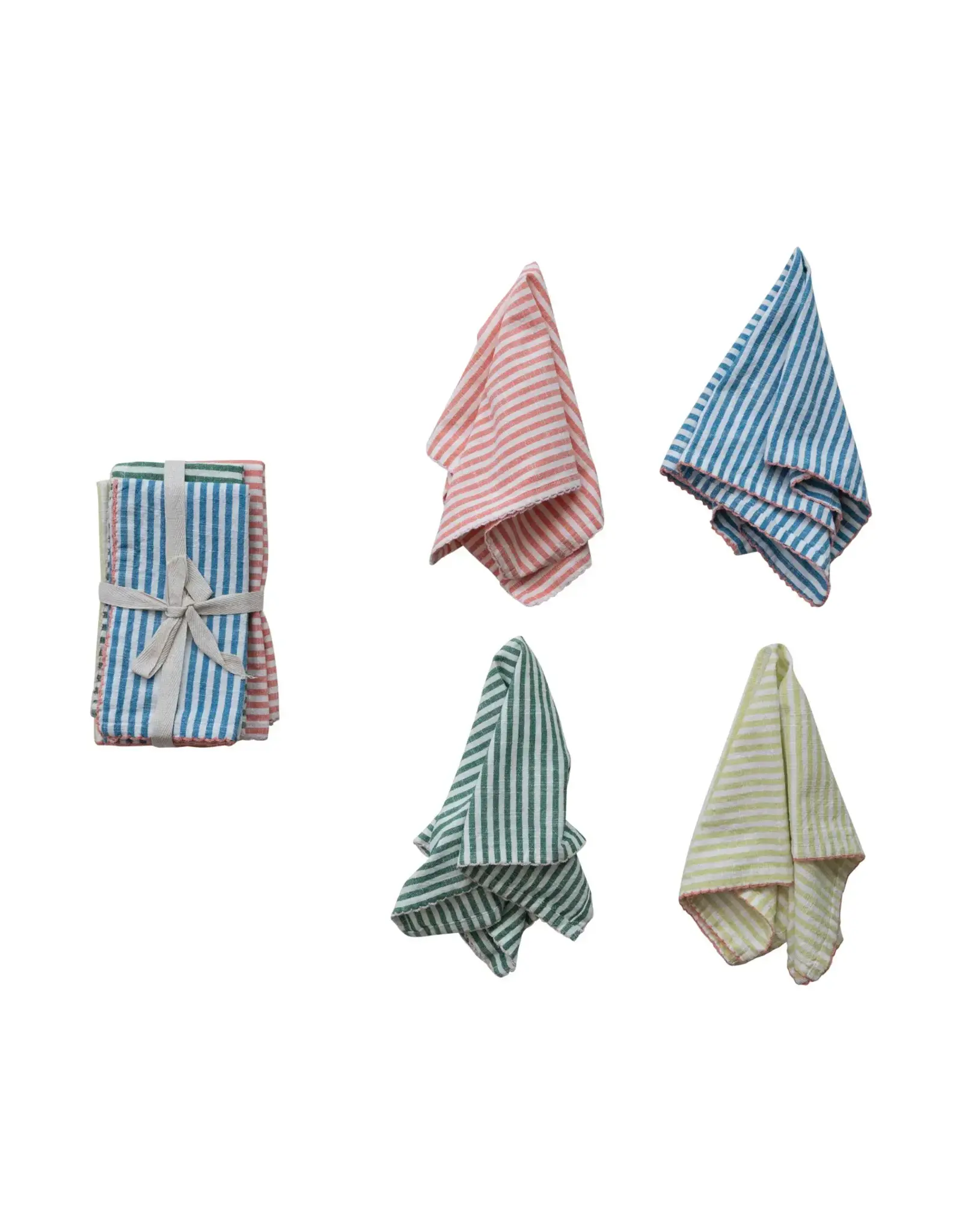 Woven Cotton Striped Napkins with Stitched Colored Trim, Set of 4