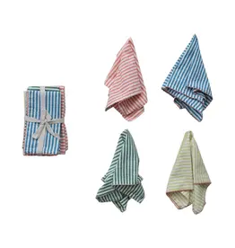 Woven Cotton Striped Napkins with Stitched Colored Trim, Set of 4