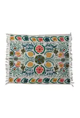 Cotton Slub Embroidered Throw with Suzani Pattern & Tassels