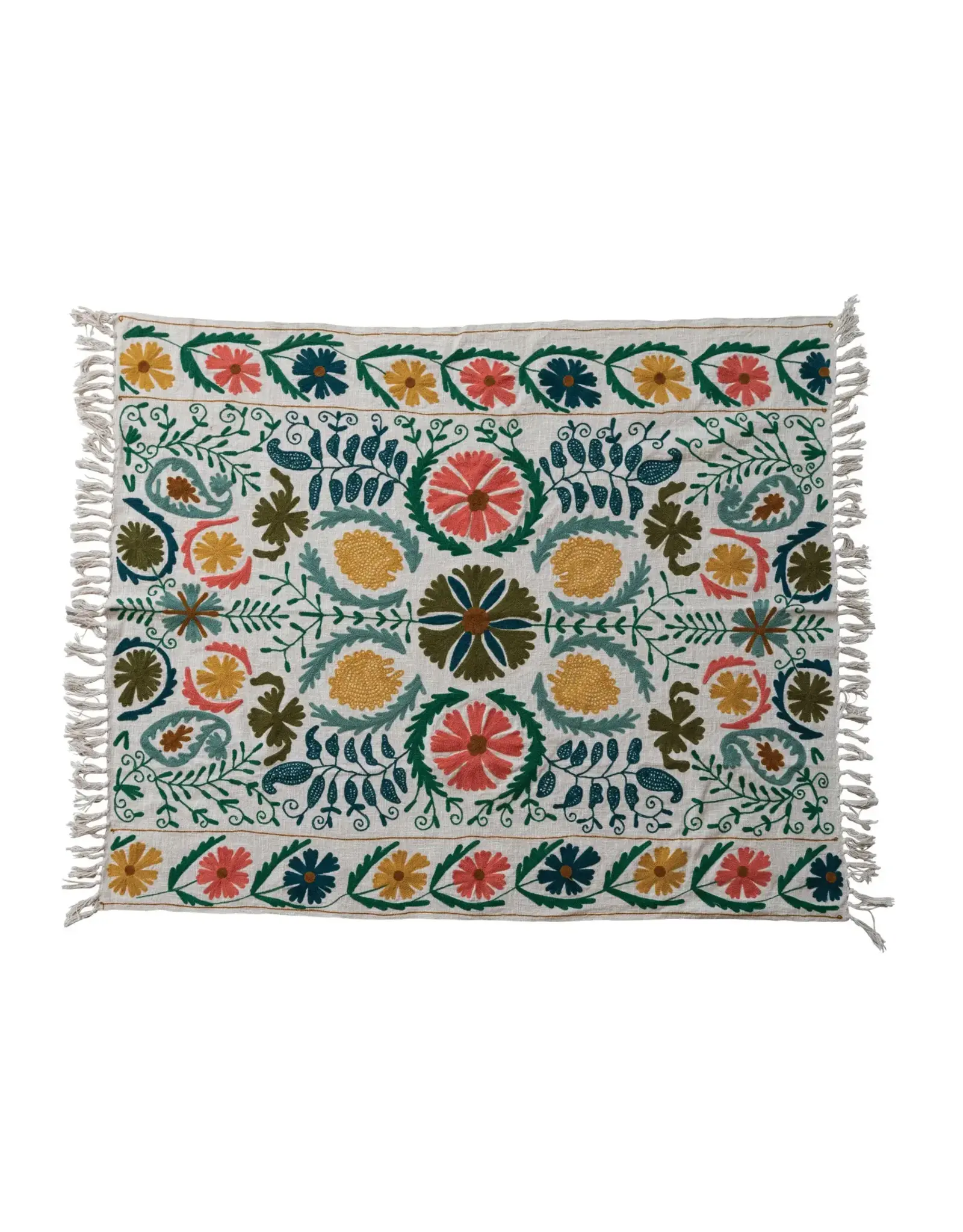 Cotton Slub Embroidered Throw with Suzani Pattern & Tassels
