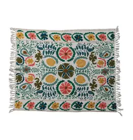 Cotton Slub Embroidered Throw with Suzani Pattern & Tassels
