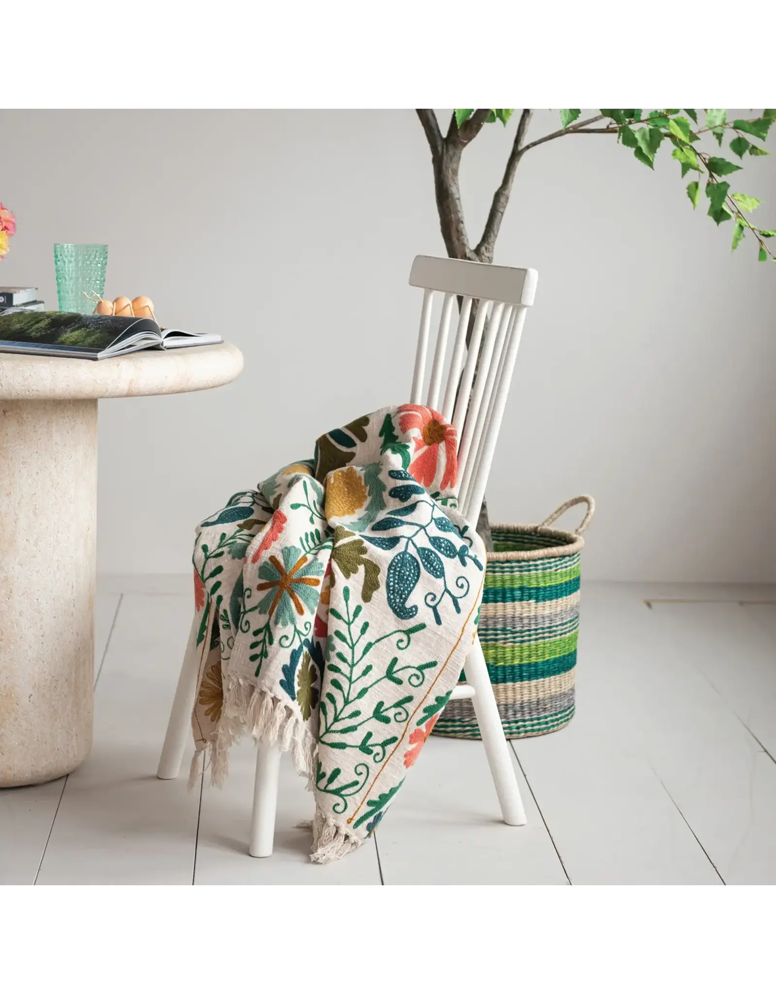 Cotton Slub Embroidered Throw with Suzani Pattern & Tassels