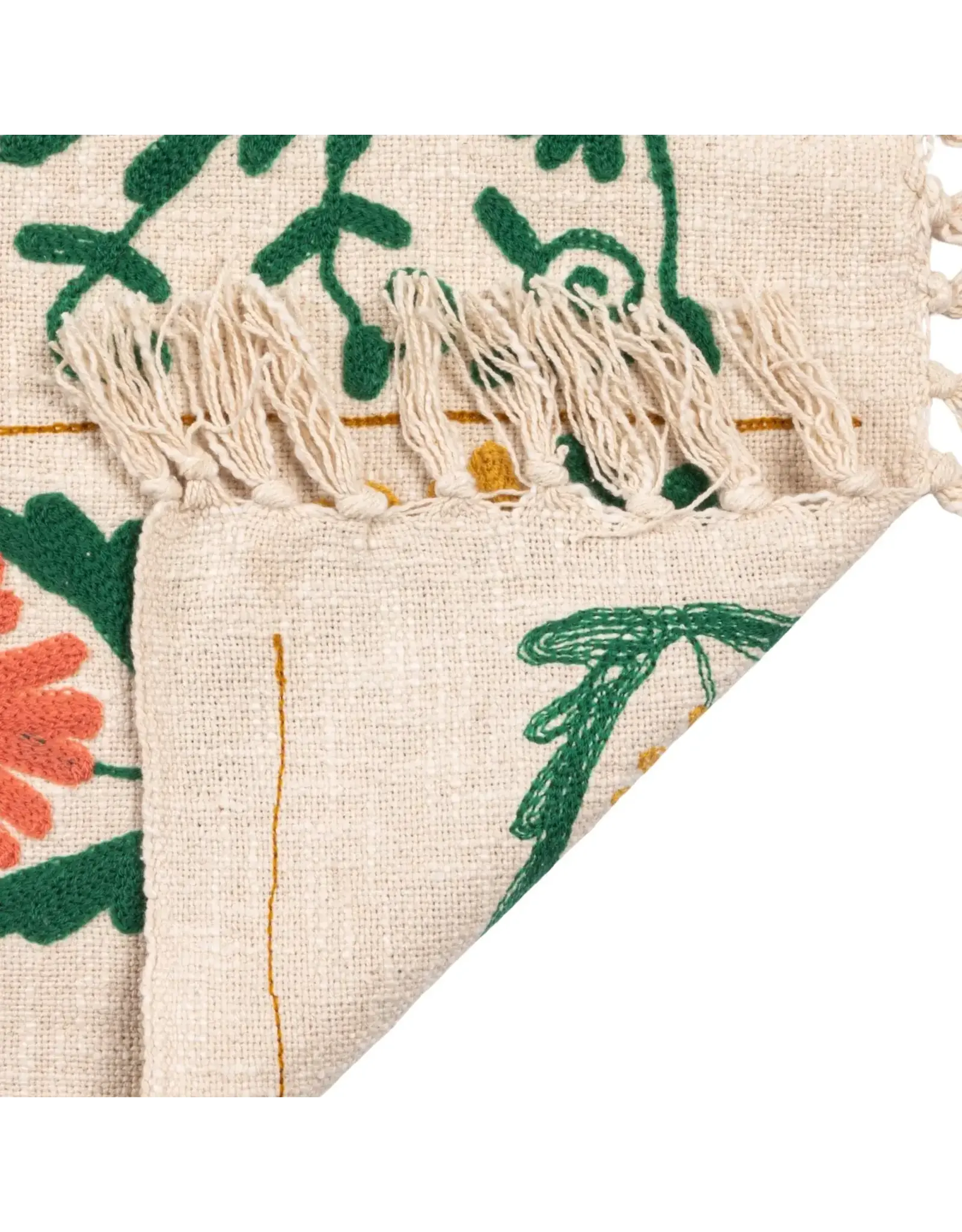 Cotton Slub Embroidered Throw with Suzani Pattern & Tassels
