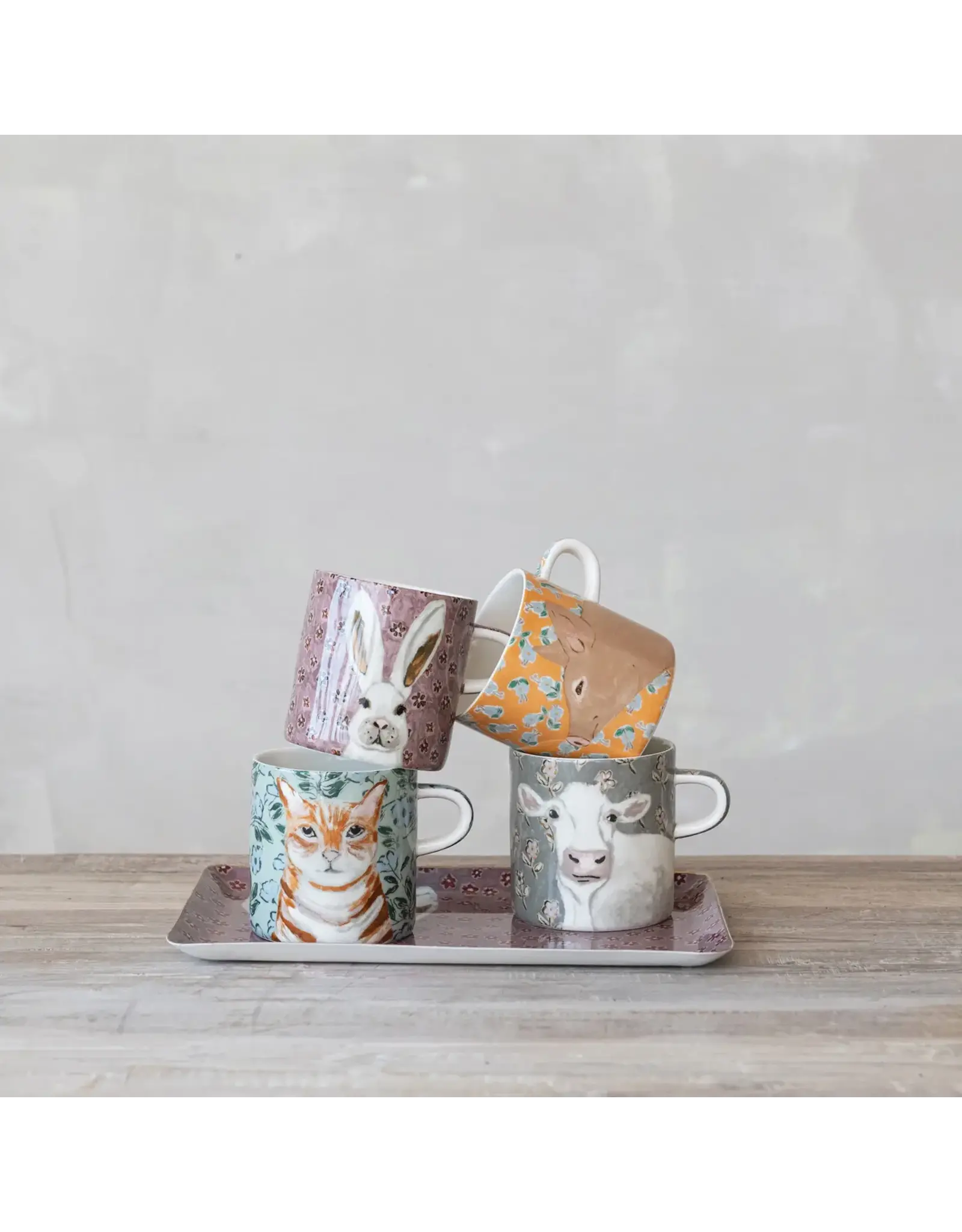 16oz Stoneware Mugh with Pattern & Animal Image, 4 Styles