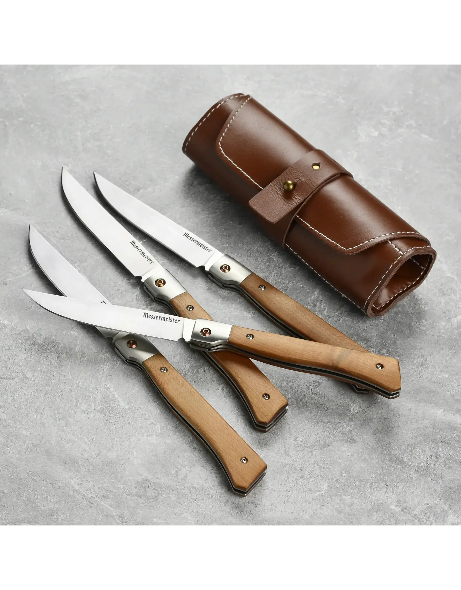 Messermeister 4 Piece Fine Edge Steak Knife Set w Leather Roll