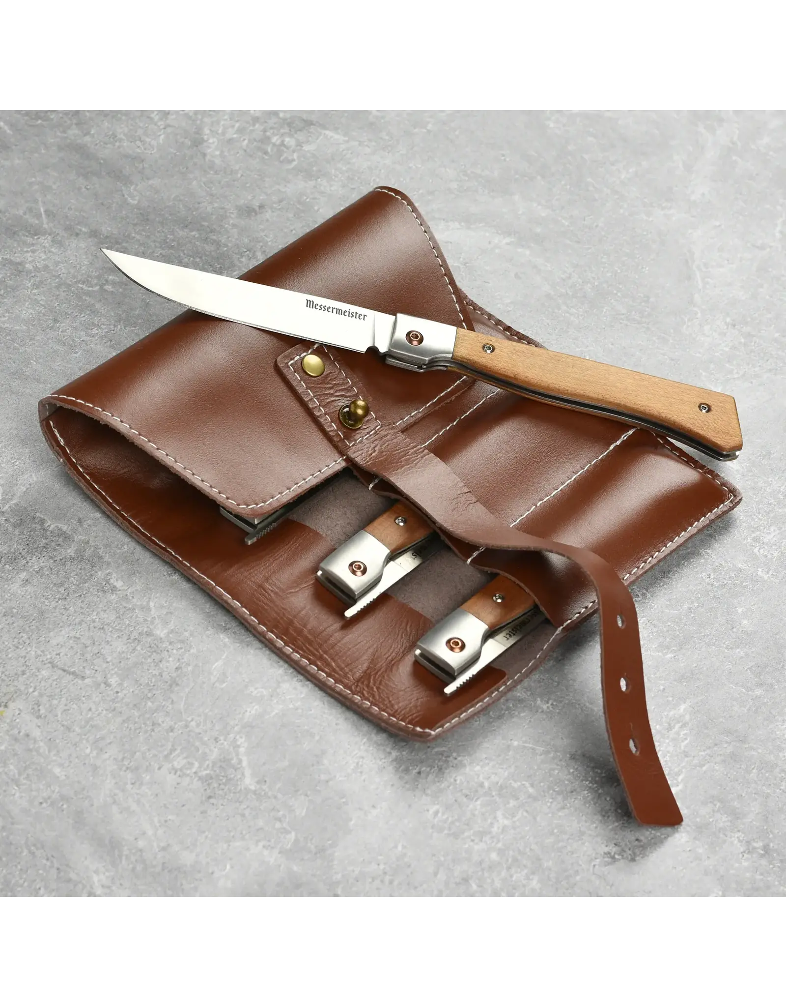 Messermeister 4 Piece Fine Edge Steak Knife Set w Leather Roll