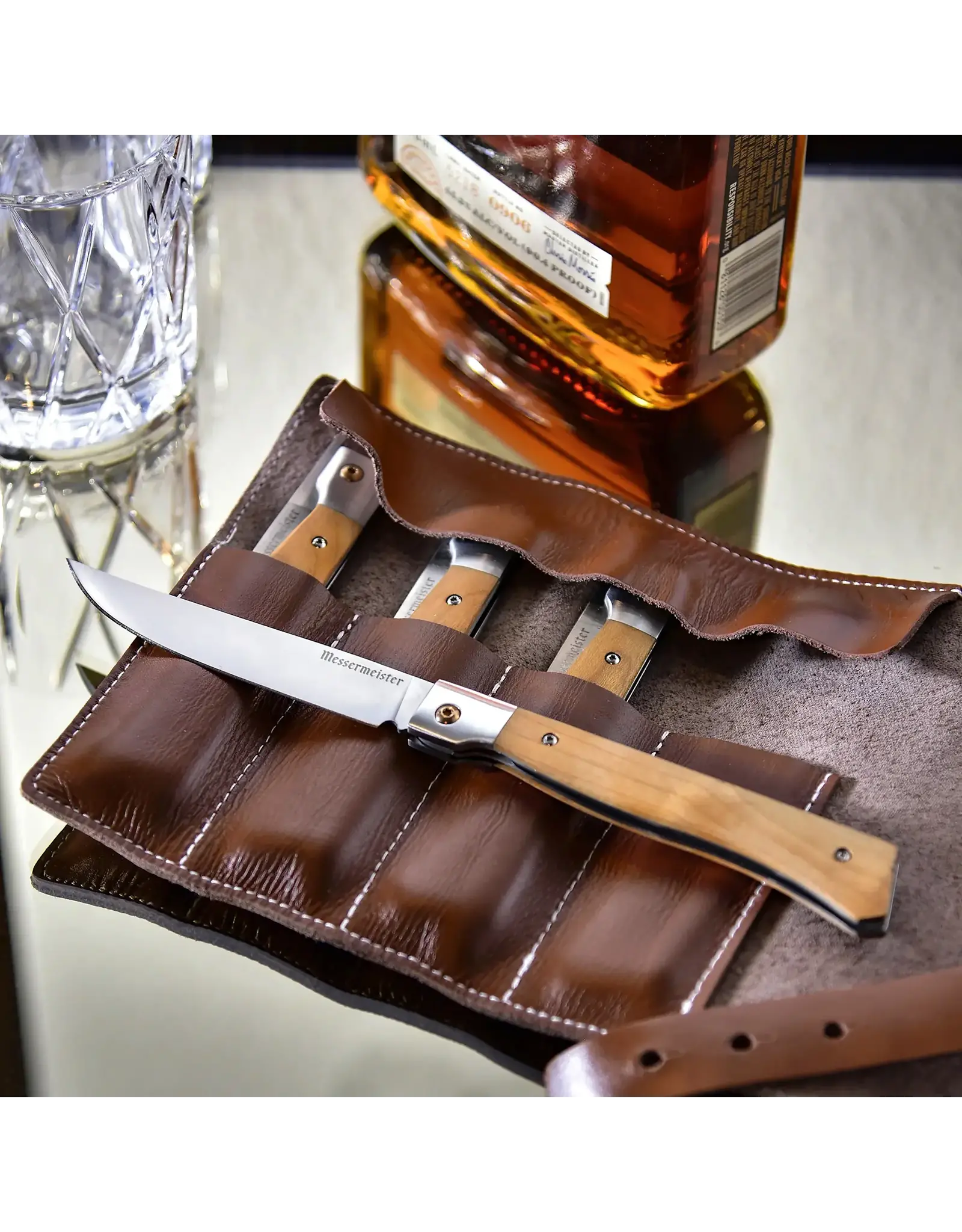 Messermeister 4 Piece Fine Edge Steak Knife Set w Leather Roll