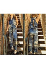 Blue and Tan Tie-Dye Silky Jumpsuit with Waist and Back Tie