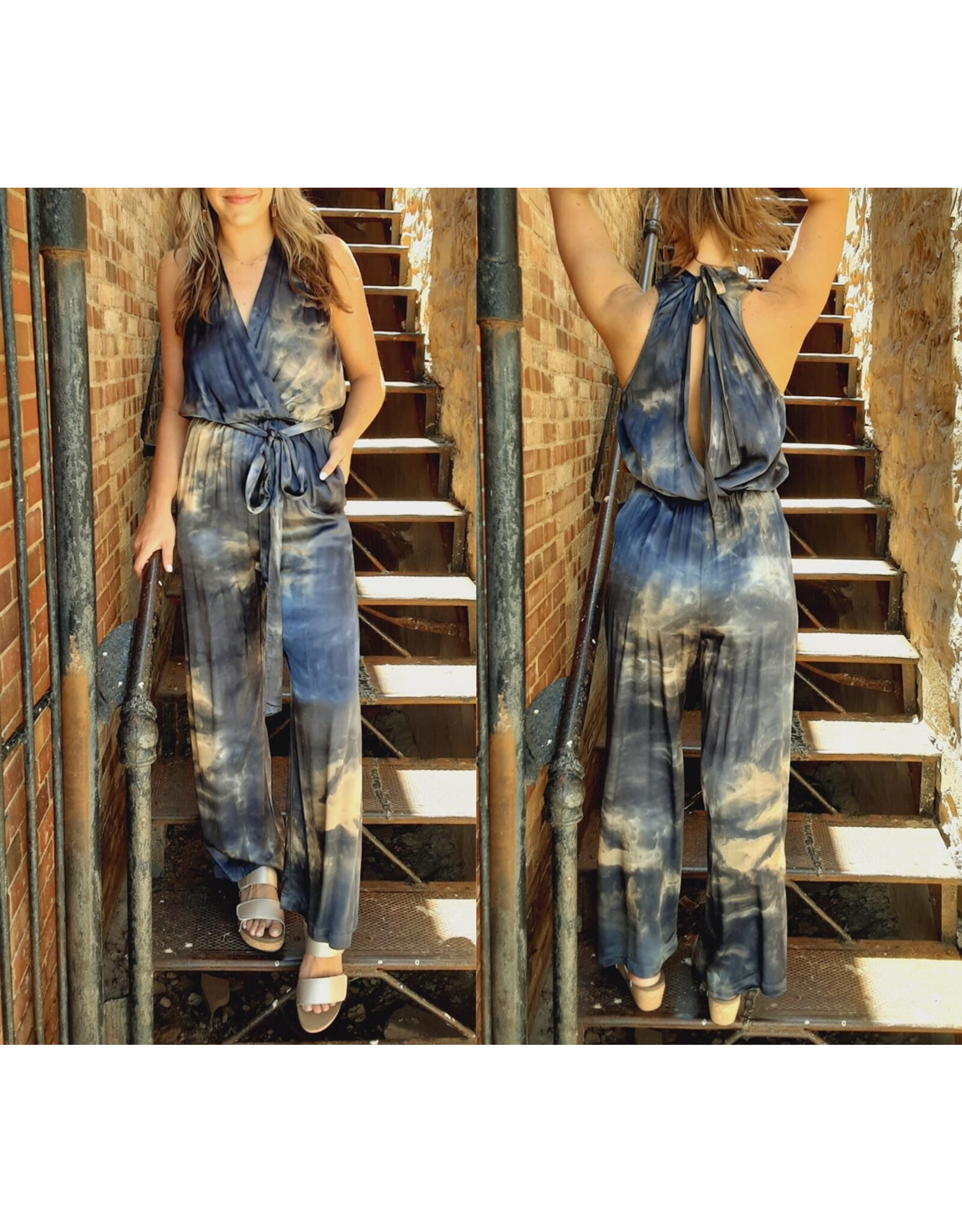 Blue and Tan Tie-Dye Silky Jumpsuit with Waist and Back Tie