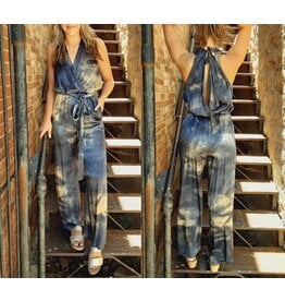 Blue and Tan Tie-Dye Silky Jumpsuit with Waist and Back Tie