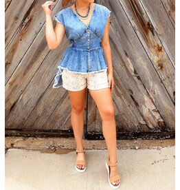 Top Button Up V-Neck Frayed Hem High Low