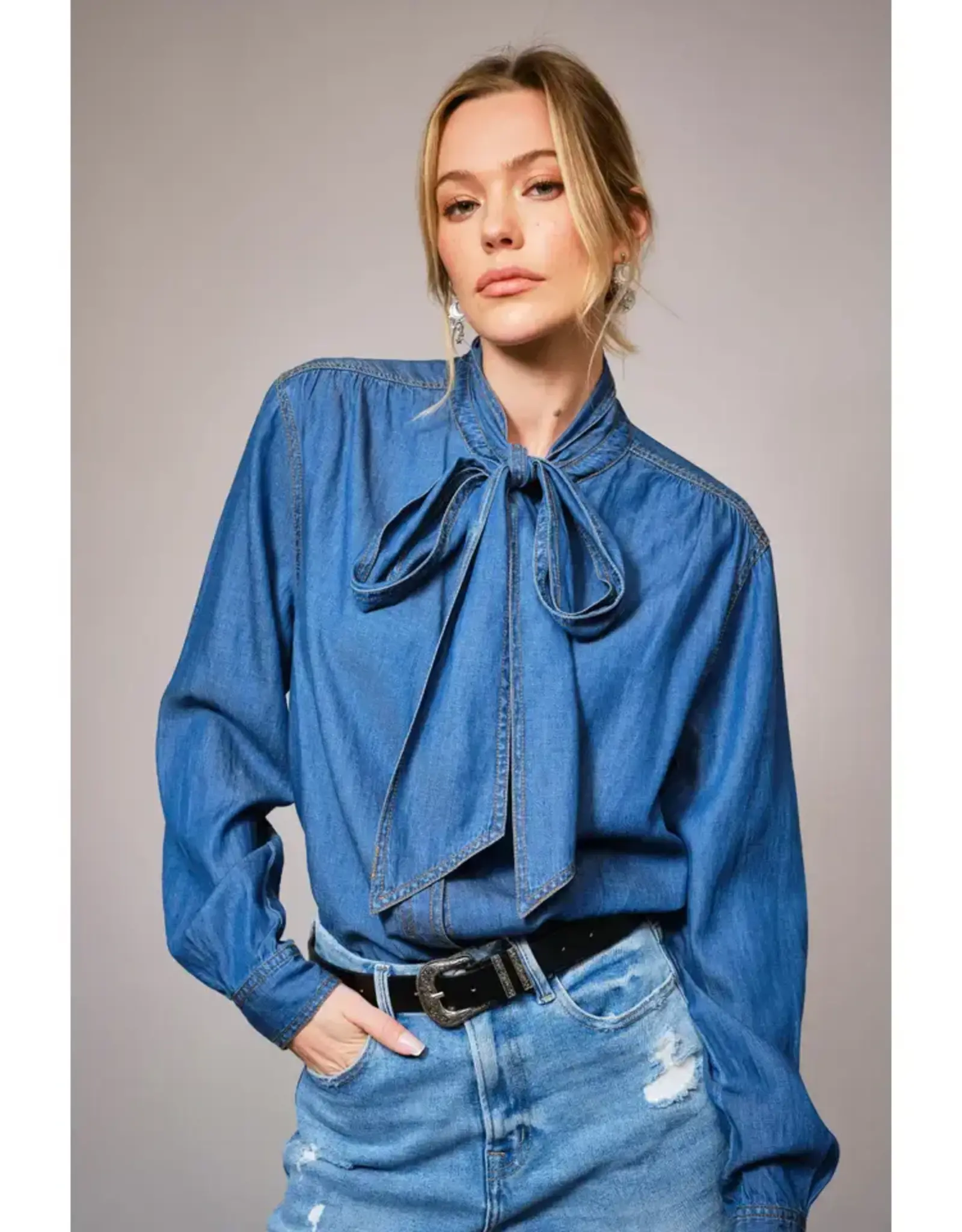 Tina Tie Neck Denim Blouse