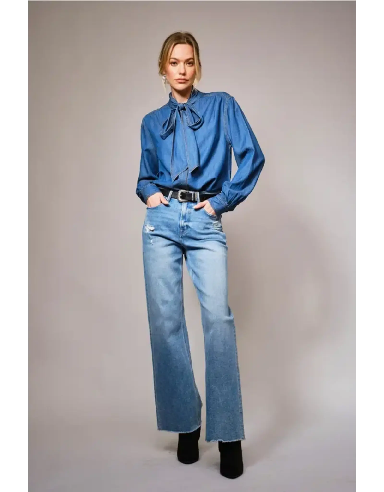 Tina Tie Neck Denim Blouse