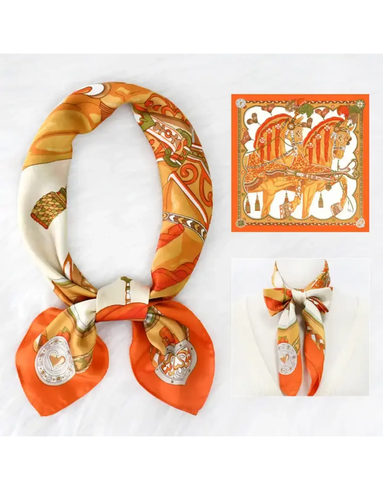 Horse Print Orange Satin Square Scarf