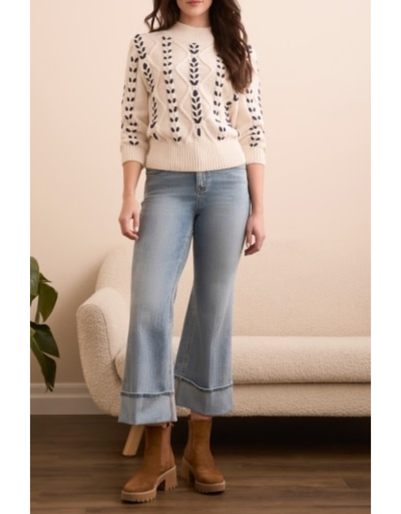 Tribal Tribal Cable-Knit 3/4 Sleeve Mock Neck Sweater