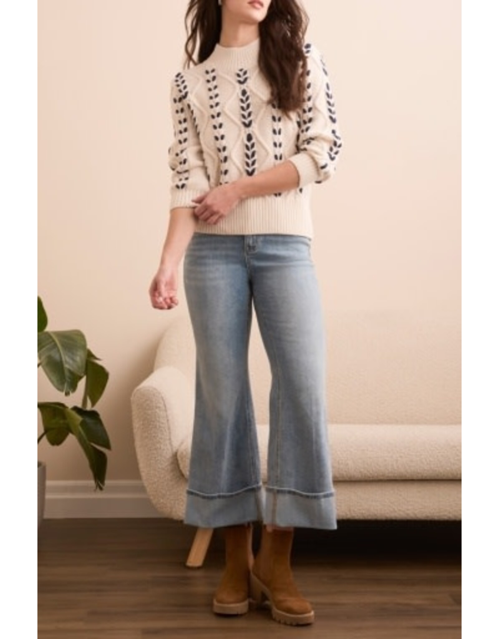 Tribal Tribal Cable-Knit 3/4 Sleeve Mock Neck Sweater