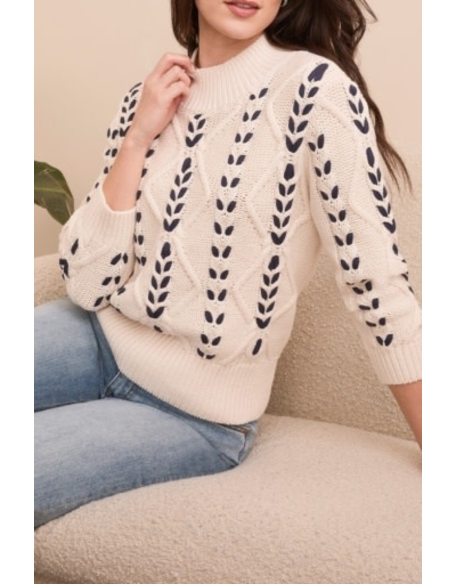 Tribal Tribal Cable-Knit 3/4 Sleeve Mock Neck Sweater