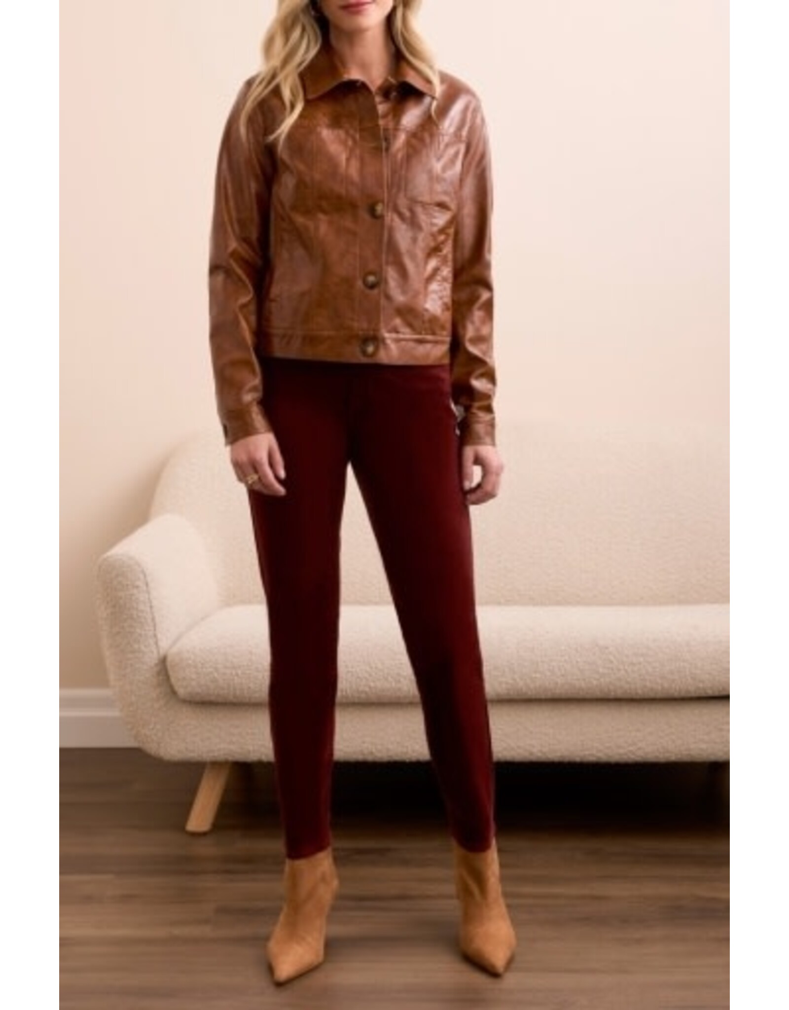 Tribal Tribal Faux Leather Button-Front Collar-Accent Jacket