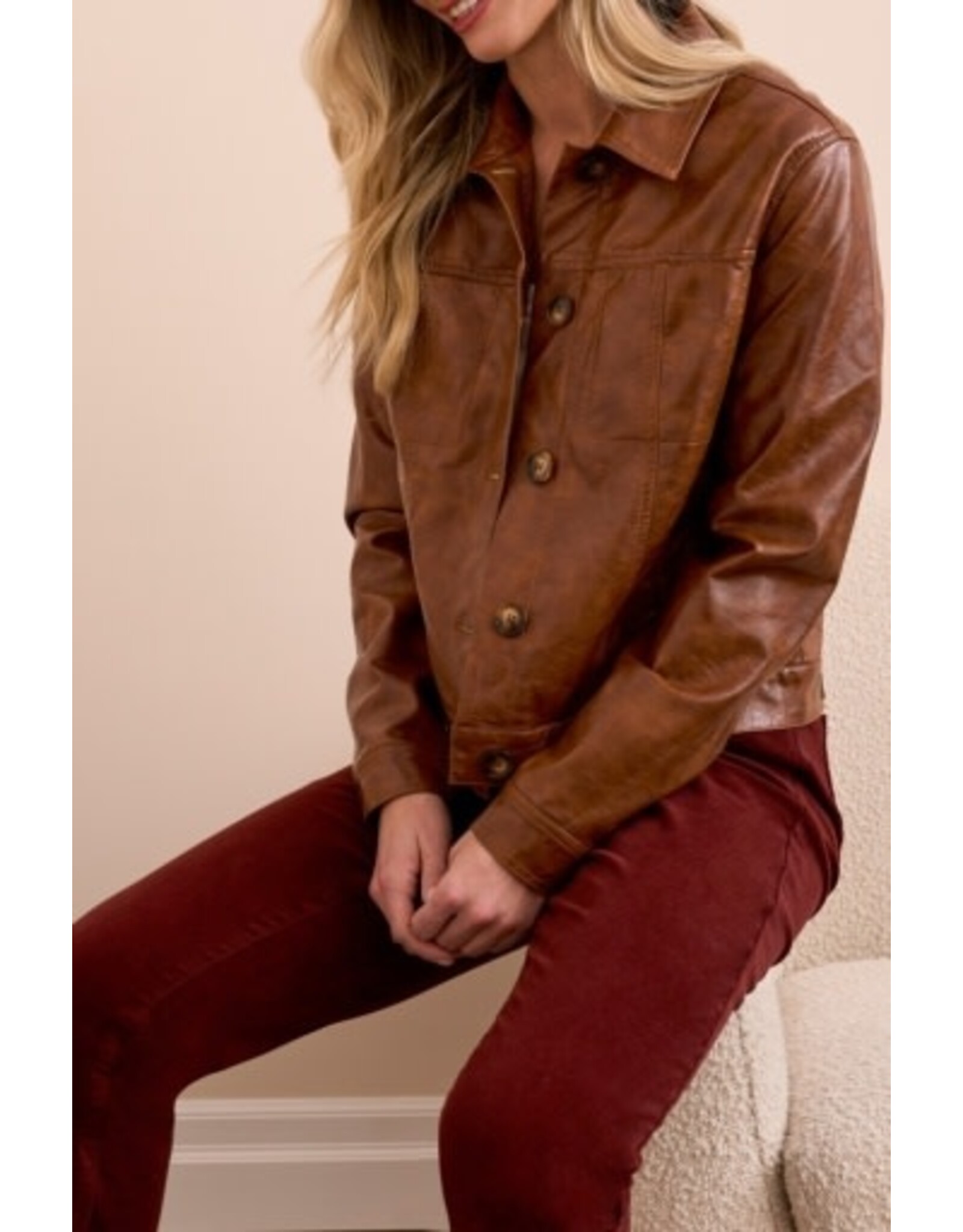 Tribal Tribal Faux Leather Button-Front Collar-Accent Jacket