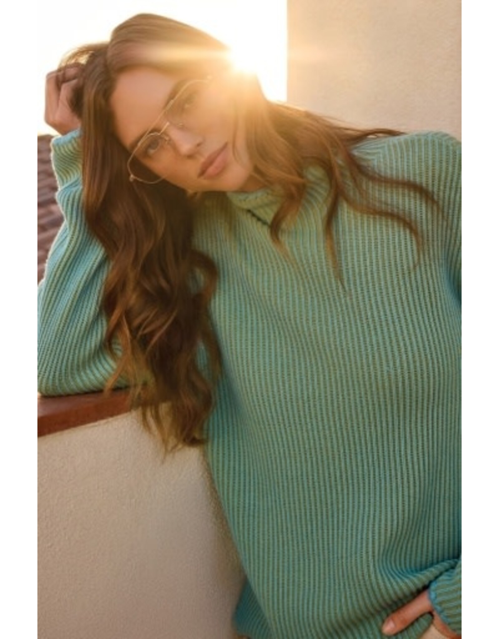 Tribal Tribal Combed Cotton Two-Tone Rib Funnel Neck Sweater