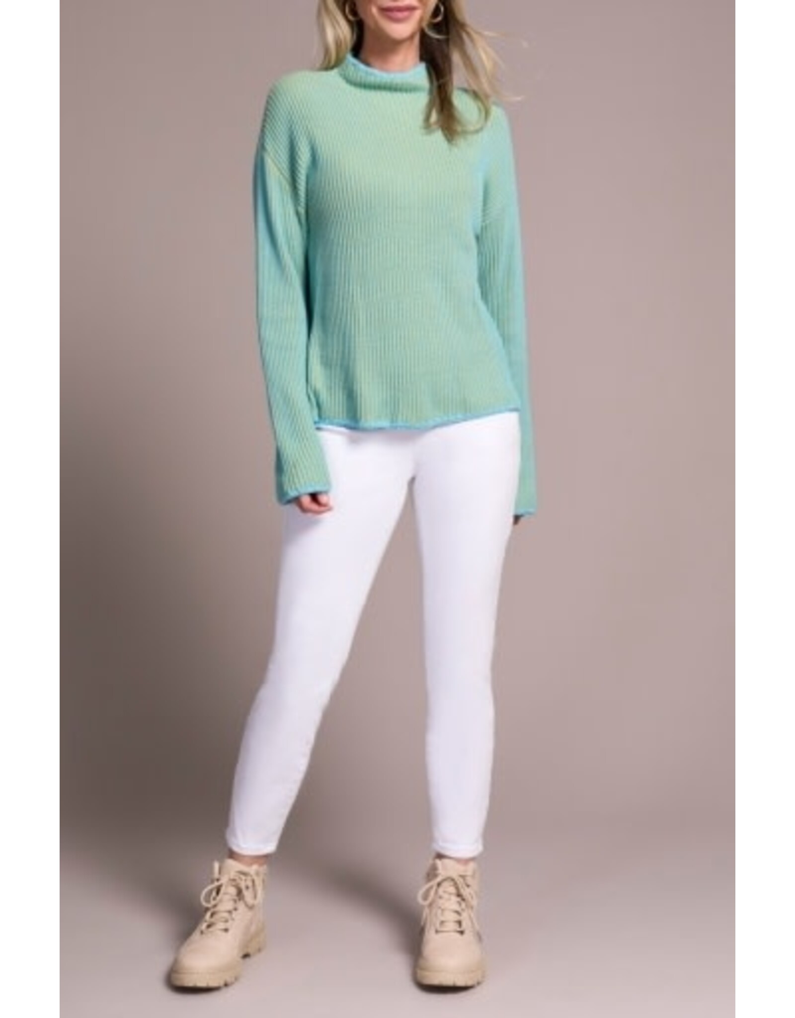 Tribal Tribal Combed Cotton Two-Tone Rib Funnel Neck Sweater