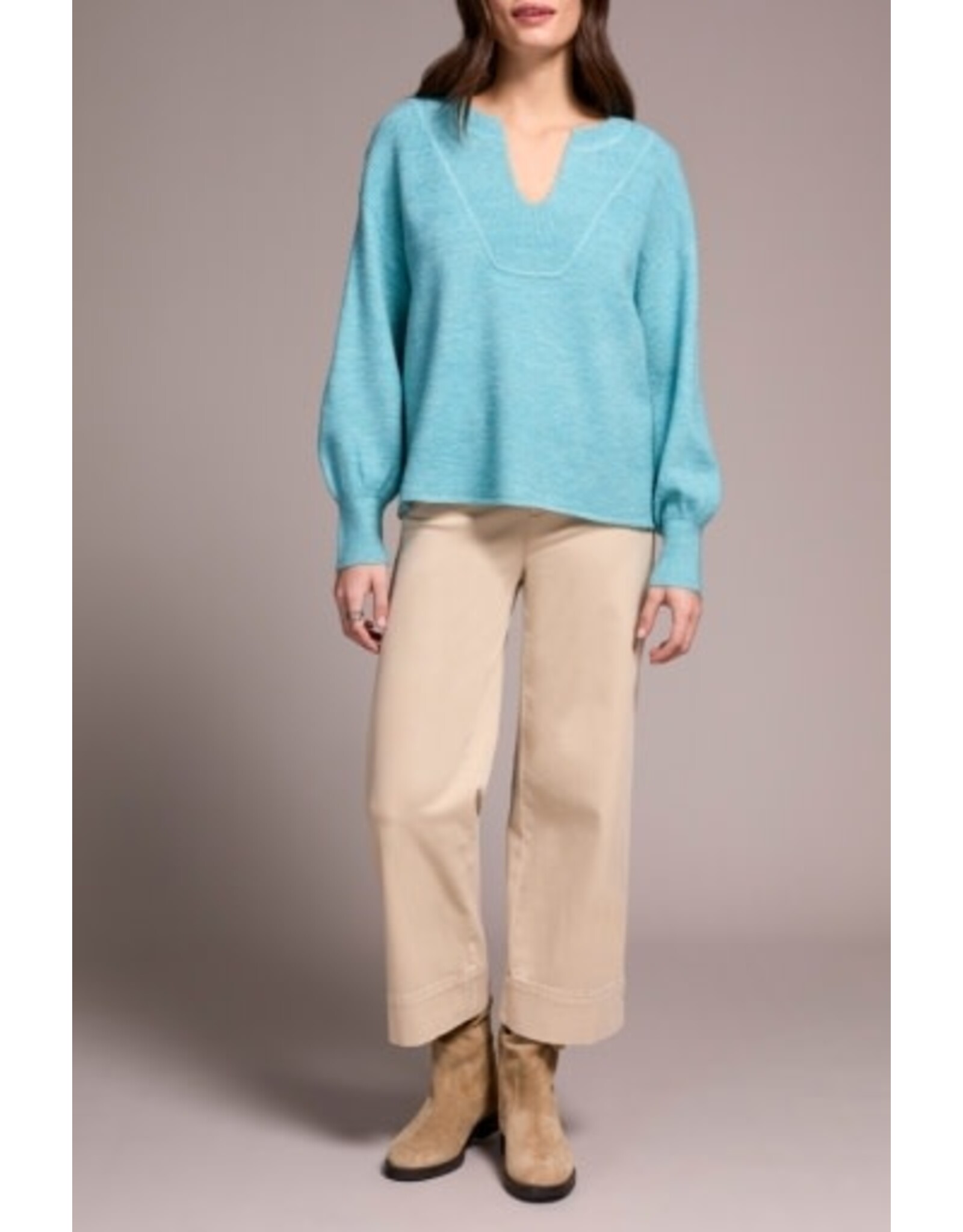 Tribal Tribal Mandarin Collar Long Puff Sleeve Sweater